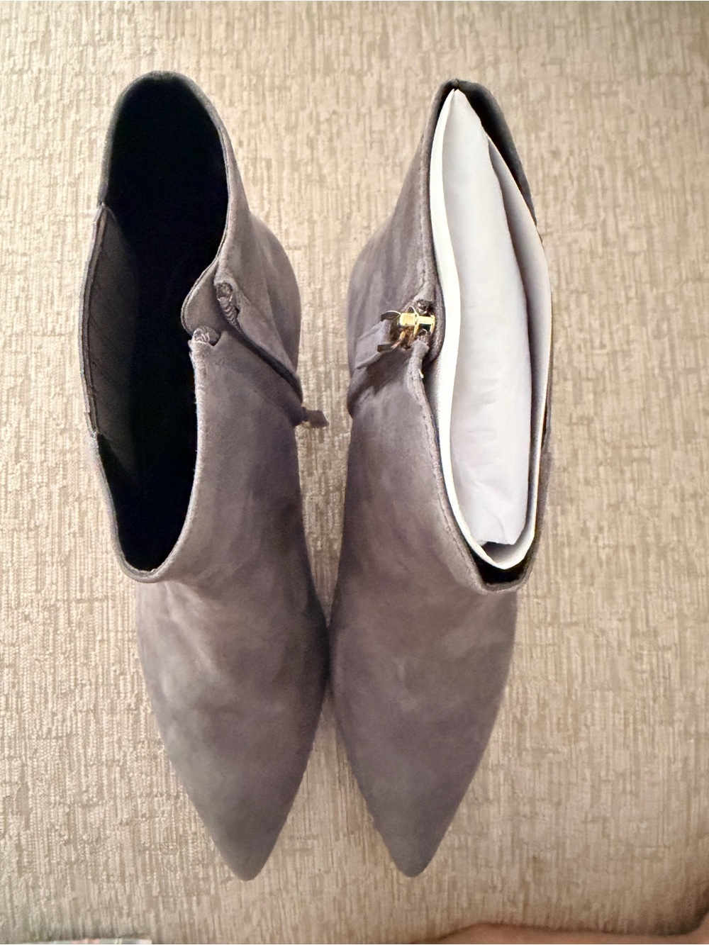 Talbots Gray Suede Pointed Ankle Booties with Gold Zip